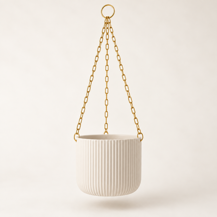 White ribbed hanging pot with a gold-colored chain