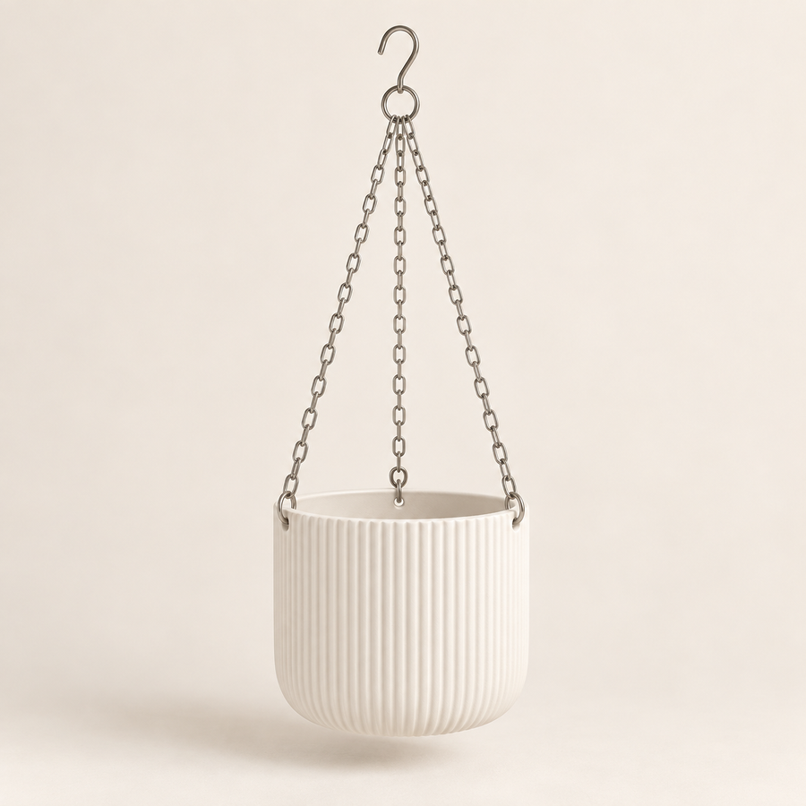 White ribbed hanging pot with a silver-colored chain